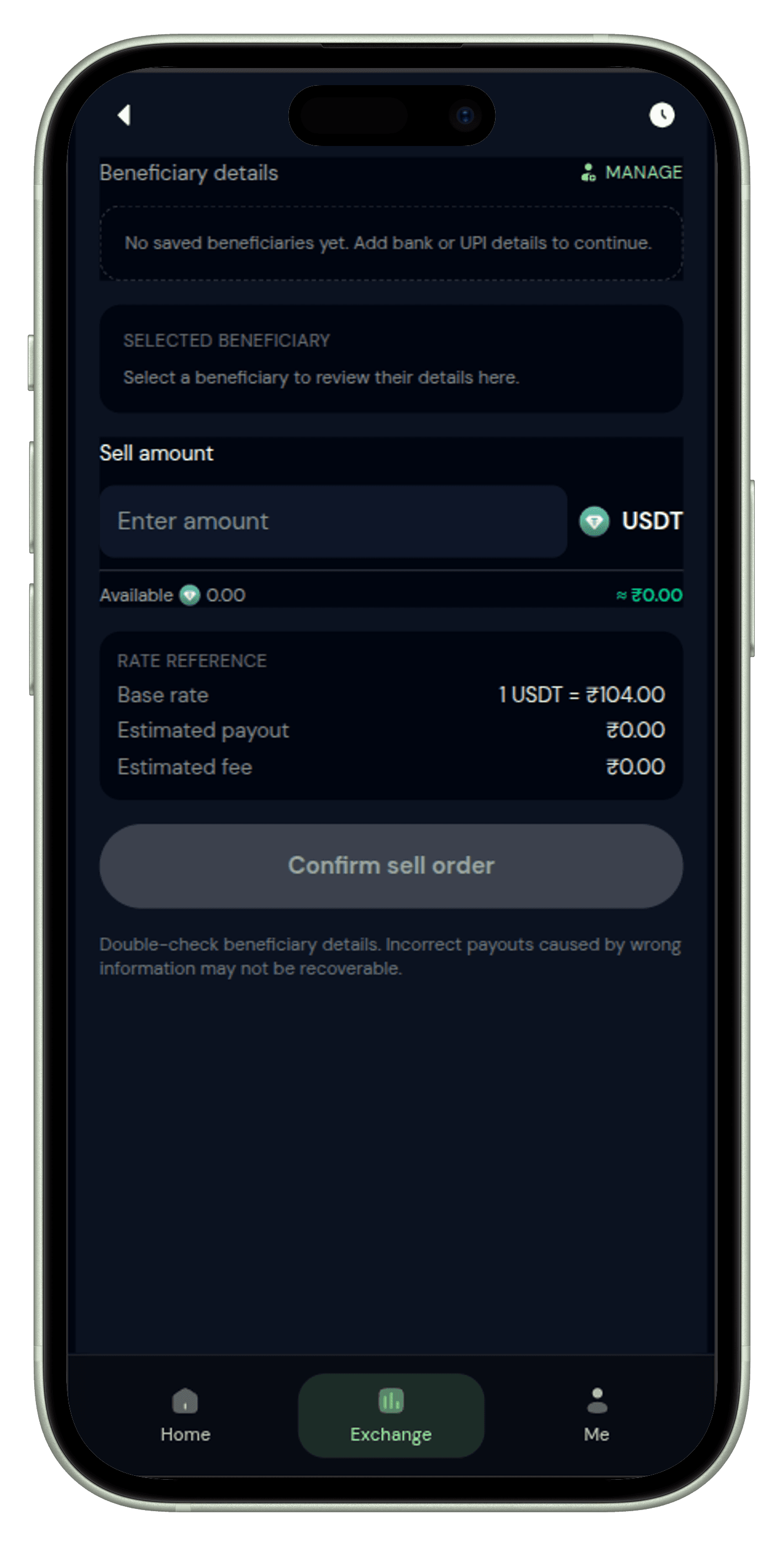 Sell USDT — Receive INR